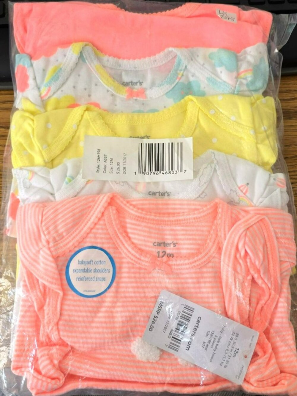 Baby Girls 5-Pack Assorted Bodysuits Babysoft Cotton 12M Peach Yellow LH2075